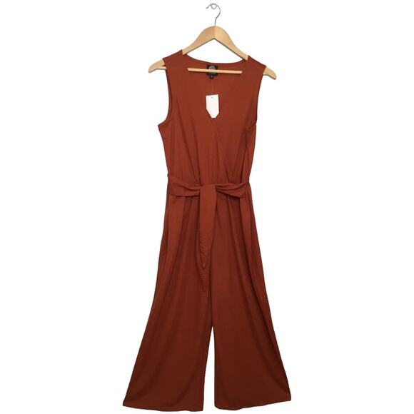 New Bobeau Jumpsuit Womens Small Orange Sleeveless Cropped V Neck Belted Boho - Picture 1 of 15